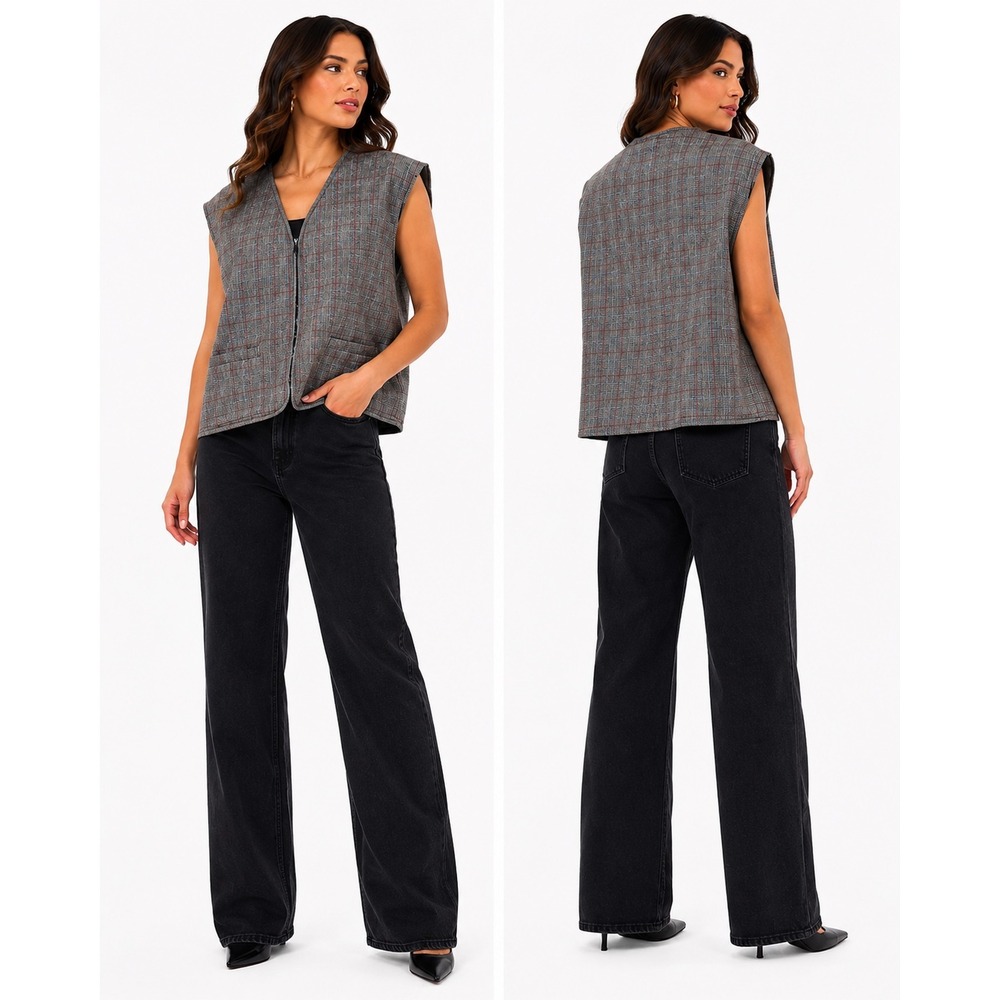 Leslie Fay Vest Womens XL Grey Plaid Zip‎ Front Sleeveless Sportswear Academia